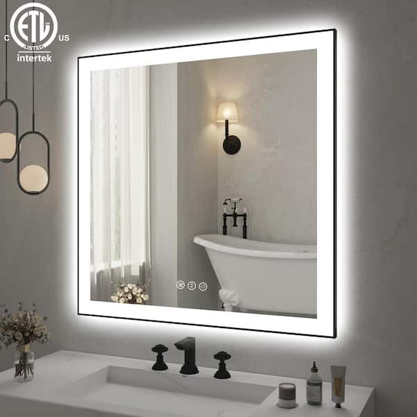 36 in. W x 36 in. H Rectangular Aluminum Framed Backlit and Front light LED wall mounted Bathroom Vanity Mirror in Black