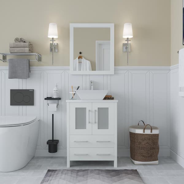 Vanity Art Ravenna 24 in. W Bathroom Vanity in White with Single Basin in White Engineered Marble Top and Mirror