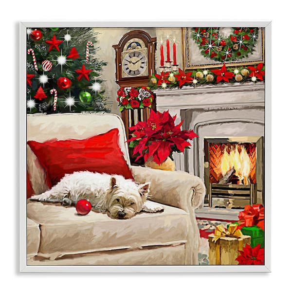 Stupell Industries Cozy Dog by Holiday Mantle by Adam Sanderson 1 Piece Framed Graphic Print Animal Poster Art Print 24 in. x 24 in.