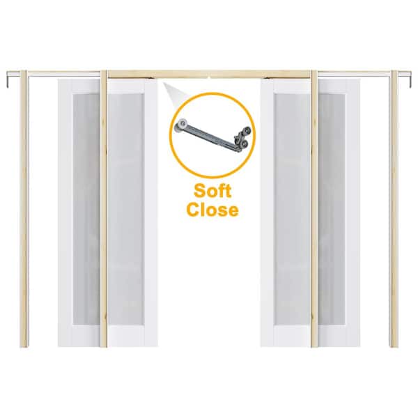 72 in. W. x 80 in. 1-Lite Glass White Primed MDF Pocket Sliding Door with Pocket Door Hardware Kit Soft Close Included