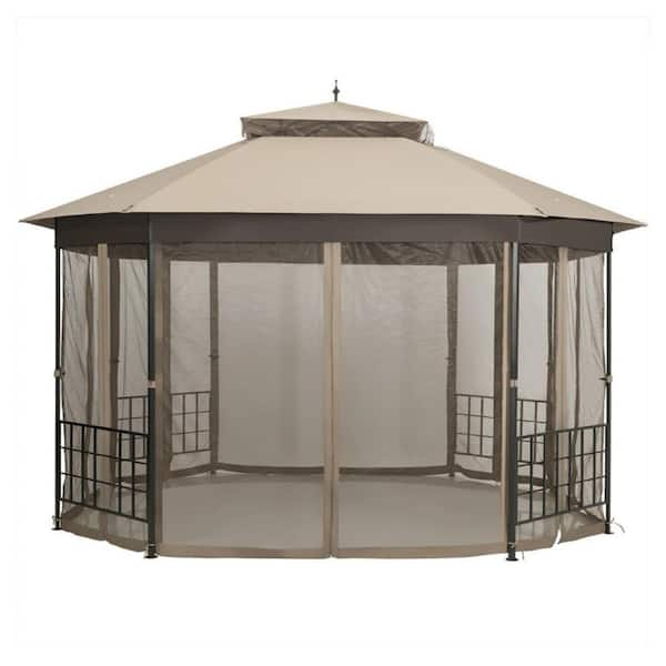 Alpulon 12 Ft X 10 Ft Brown Octagonal Patio Gazebo With Mosquito Net Zmwv523 C The Home Depot 3172