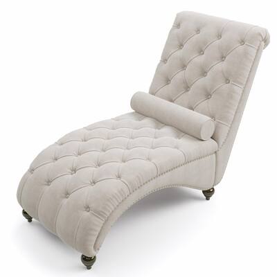 Light Beige Linen Chaise Lounge With Bolster Pillow