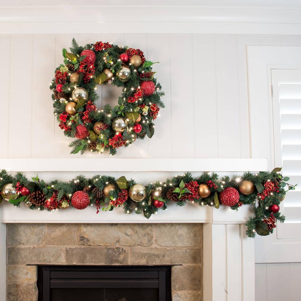 30-Inch Red and Gold Pre-Lit Christmas Wreath with Hydrangeas