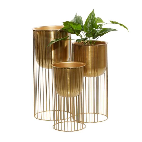 Set of 3 Eclectic Metal Planters with Stands Gold - Olivia &#38; May