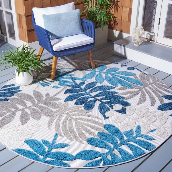 Cabana Gray/Blue 3 ft. x 3 ft. Abstract Palm Leaf Round Indoor/Outdoor Area Rug