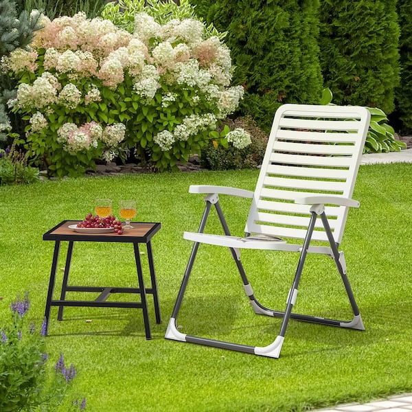 Patio PP Folding Chair Adjustable Outdoor Recliner 7-Level All-Weather Portable White