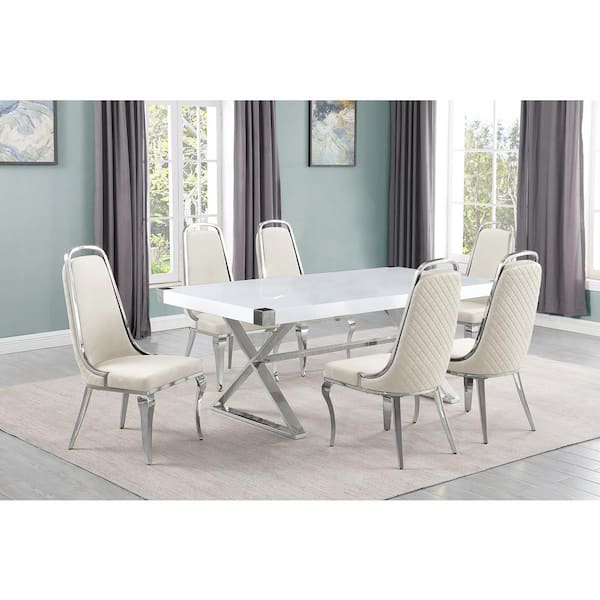 Best Quality Furniture Miguel 7-Piece Rectangle White Wood Top Silver Stainless Steel Dining Set with 6-Cream Velvet Chairs.