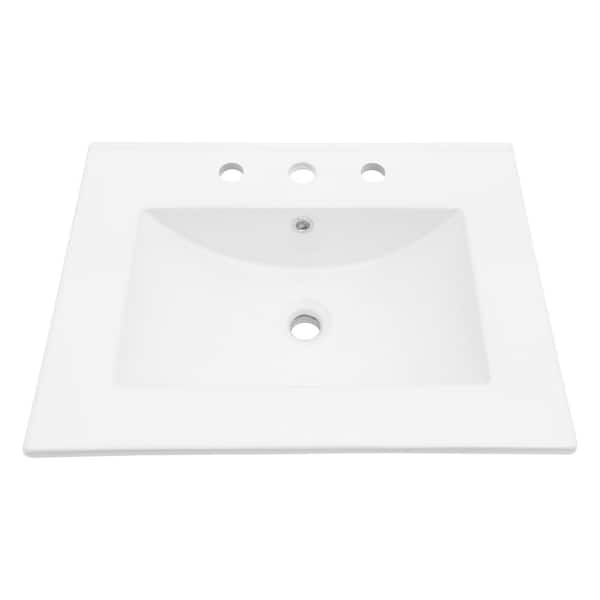 24 in. W x 18 in. D Porcelain Ceramic Drop In Single Bowl Bath Vanity Top Sink in White with 3 Faucet Holes and Overflow