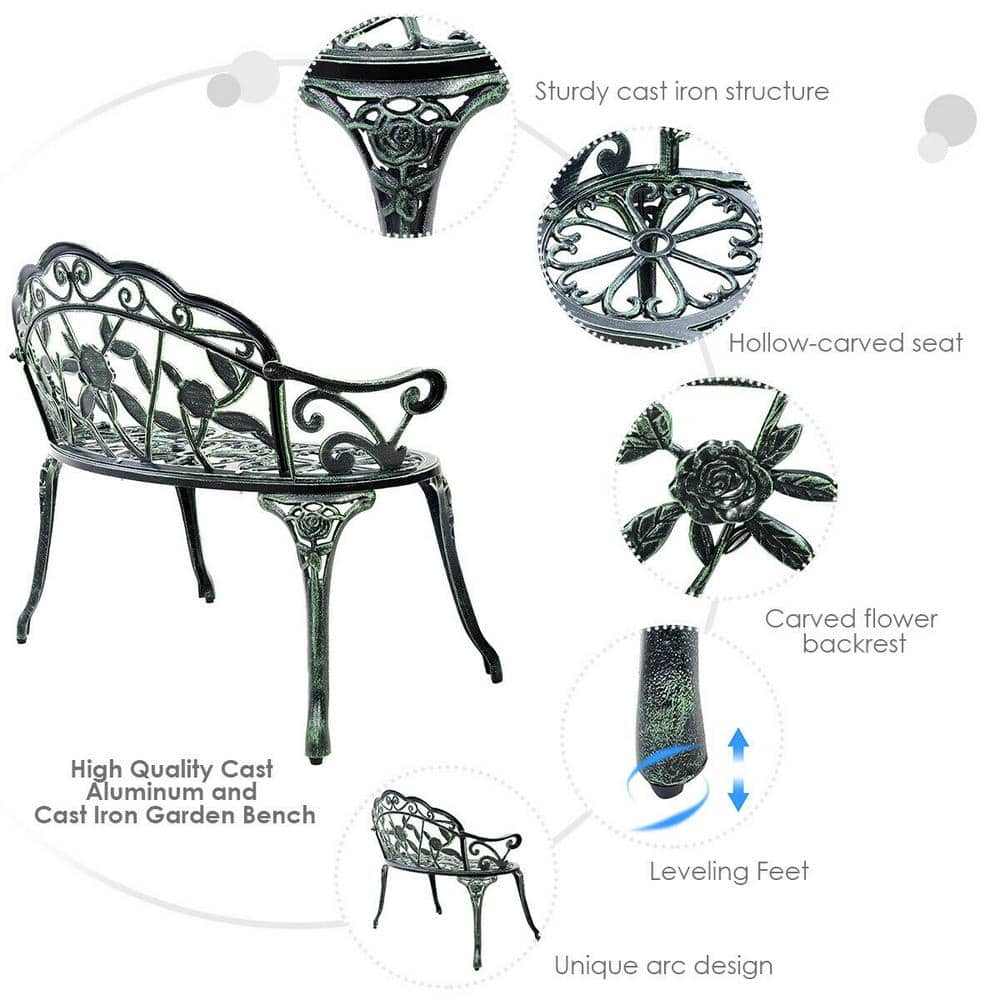 Elegant Antique Green Cast Aluminum Rose Garden Bench