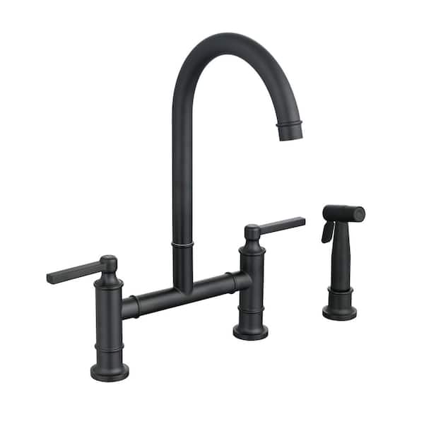 Unbranded 2-pieces  Double Handle Bridge Kitchen Faucet Side Spray Bath Hardware Set with Mounting Hardware in Matte Black