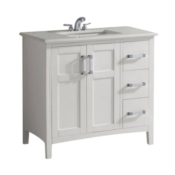 Simpli Home Winston 36 in. Bath Vanity in Soft White with Quartz Marble Vanity Top in Bombay White with White Basin