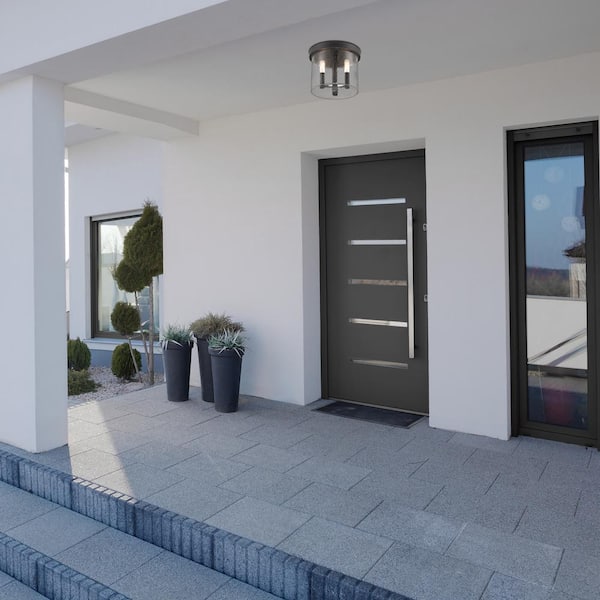 Otto 3-Light Matte Black Outdoor Flush Mount Ceiling Light with Clear Seedy Glass Shade