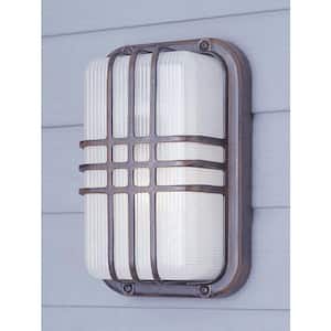 Walker 10 in. 1-Light Rust Rectangular Bulkhead Outdoor Wall Light Fixture with Ribbed Acrylic