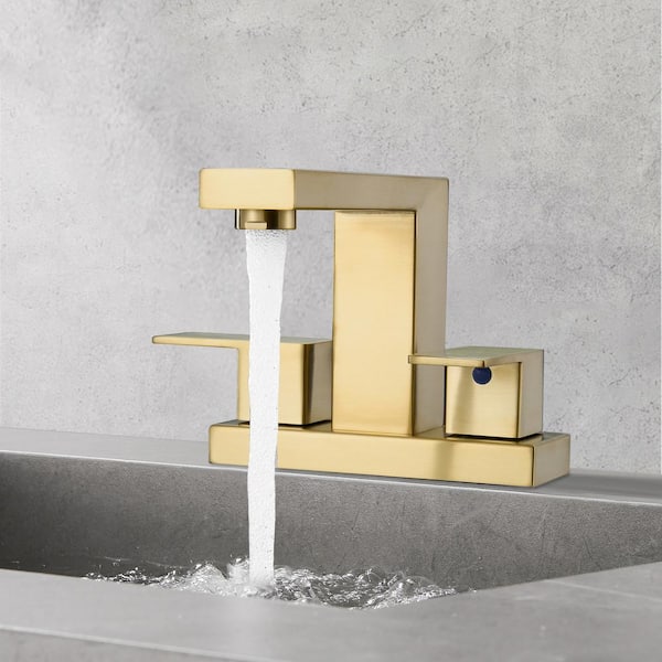 304-Stainless Steel 4 in. Centerset Double Handle Bathroom Faucet with Drain Kit Included in Gold
