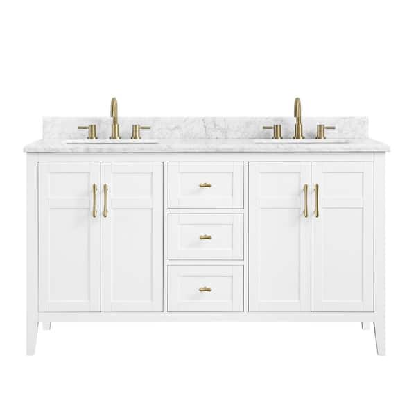 Home Decorators Collection Sturgess 61 in. W x 22 in. D x 35 in. H Double Sink Freestanding Bath Vanity in White with Carrara Marble Top