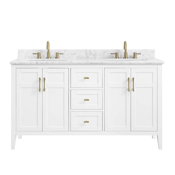 Sturgess 61 in. Double Sink White Bath Vanity with White Carrara Marble Top (Assembled)