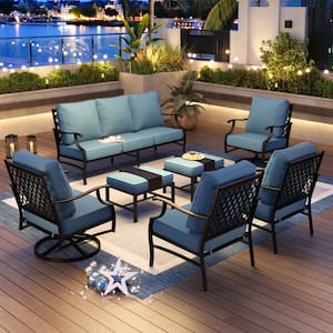 Black Meshed 9-Seat 7-Piece Metal Outdoor Patio Conversation Set with Denim Blue Cushions,2 Swivel Chairs and 2 Ottomans