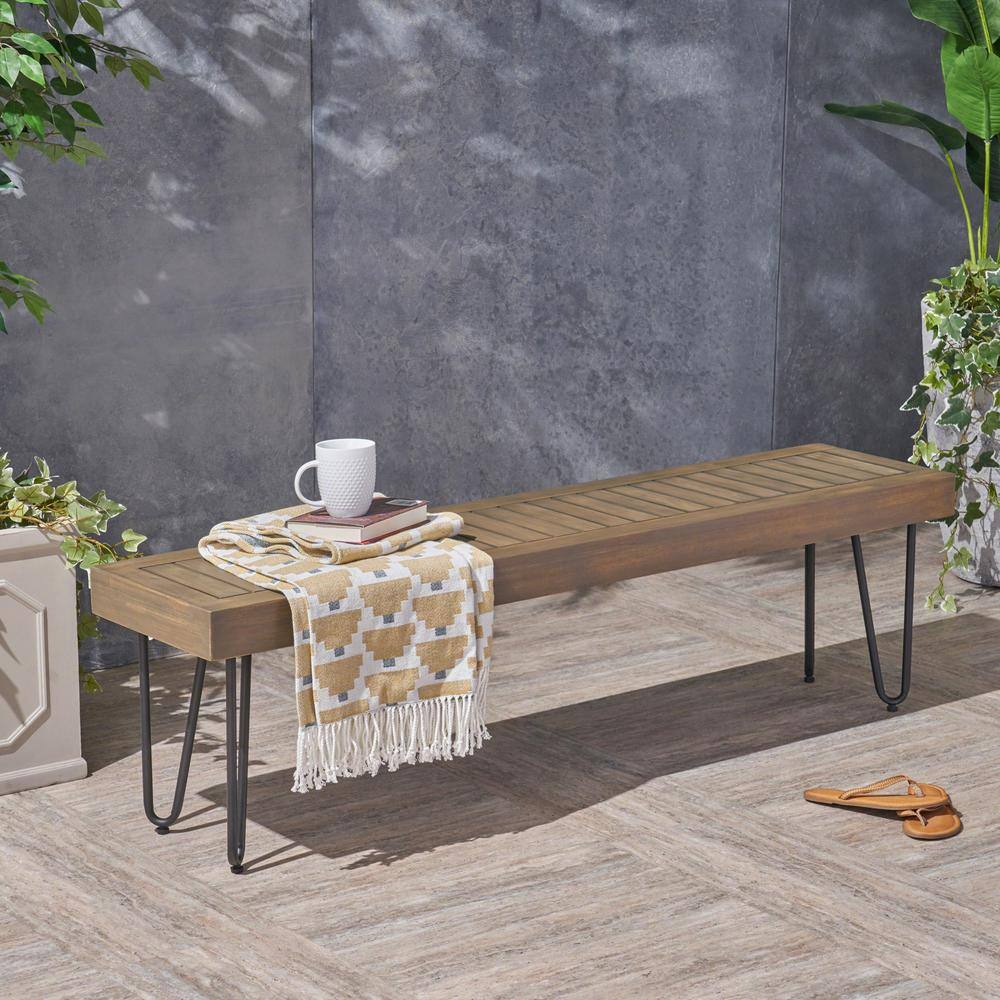 Gray Acacia Wood and Metal Outdoor Bench with Hairpin Legs