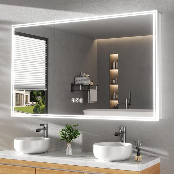 60 in. W x 36 in. H Silver Rectangular Aluminum Dynamic Flow Lighting Surface/Recessed Medicine Cabinet with Mirror