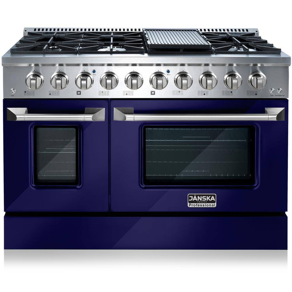 JANSKA Professional Series 48 in. 6.7 cu. ft. 8 Burners Double Oven Gas Range with Griddle in Glossy Blue, Blue Gloss