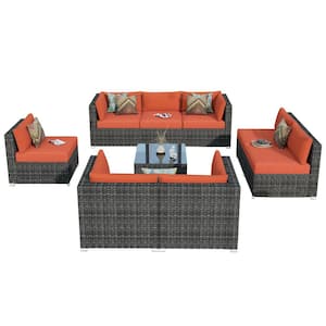 Messi Grey 9-Piece Wicker Outdoor Patio Conversation Sofa Seating Set with Orange Red Cushions