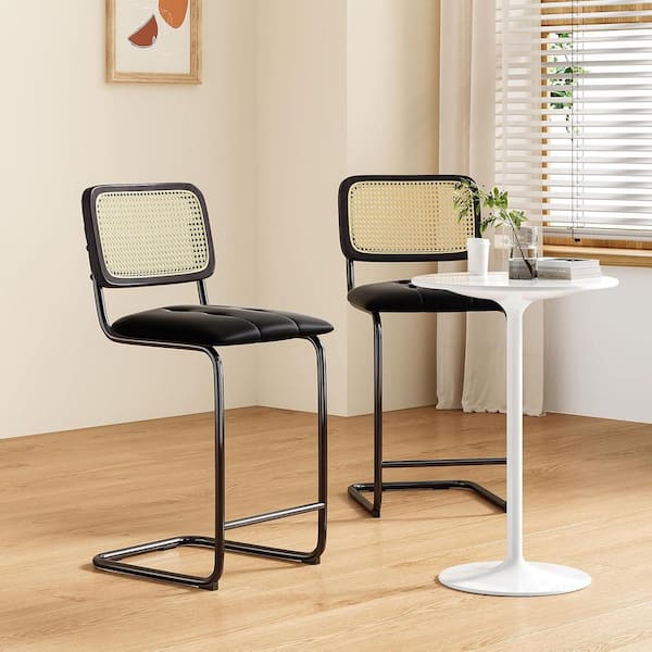 Lirago 26 in. Black Upholstered Faux Leather Counter Height Bar Stools with Rattan Back (Set of 2)