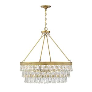Windham 28 in. W x 28 in. H 6-Light Warm Brass Chandelier with Clear Crystals