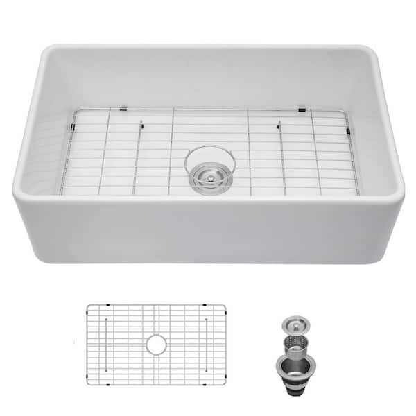 33 in. Farmhouse Single Bowl 16-Gauge White Ceramic Kitchen Sink with Drain and Basket Strainer