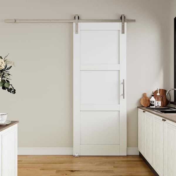 32 in. x 80 in. White Primed 3 Lite Pattern Paneled MDF Sliding Barn Door with Hardware Kit Nickel Plated