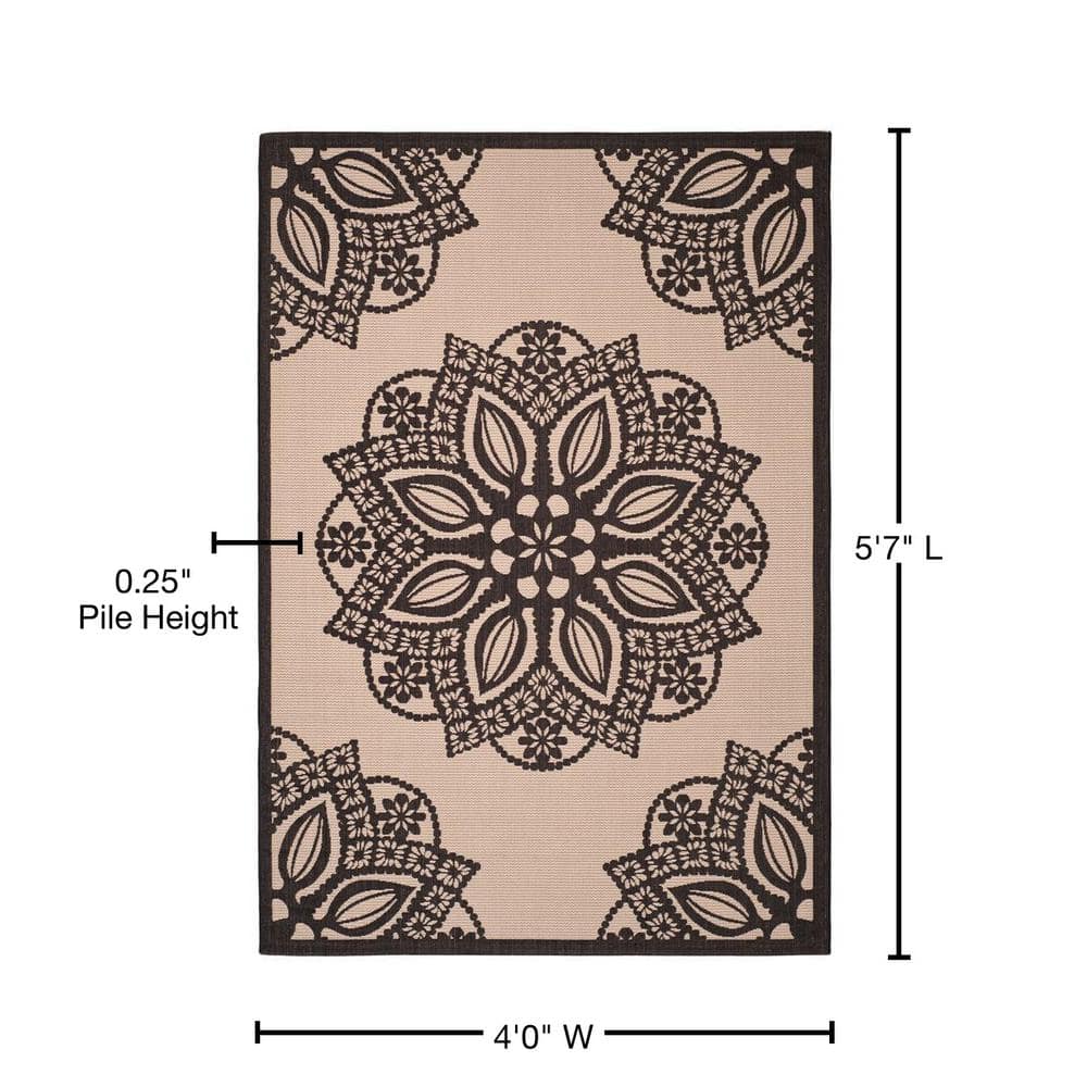 Beige and Black Easy-Care Synthetic Rectangular Rug
