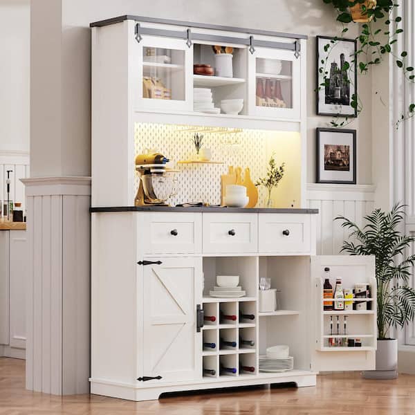 Oasis White Oak Wood 47.3 in. Kitchen Island with Internal Storage Rack,Kitchen Cabinet with Hutch,Sliding Door