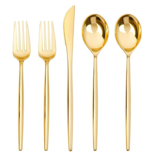 300 Piece Gold Plastic Cutlery, Disposable Utensils Silverware Set, Heavy Duty Flatware for Party and Event