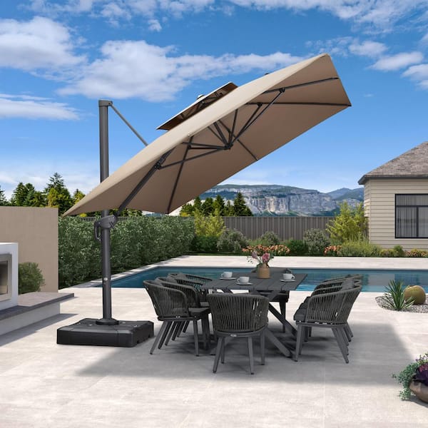 10 ft. x 13 ft. Cantilever Patio Umbrella Double Top Outdoor Aluminum 360° Rotation with Base, Taupe