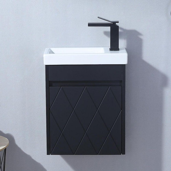16 in. W x 8.5 in. D x 20 in. H. Mini Floating Small Bathroom Vanity in Black with White Ceramic Sink Top