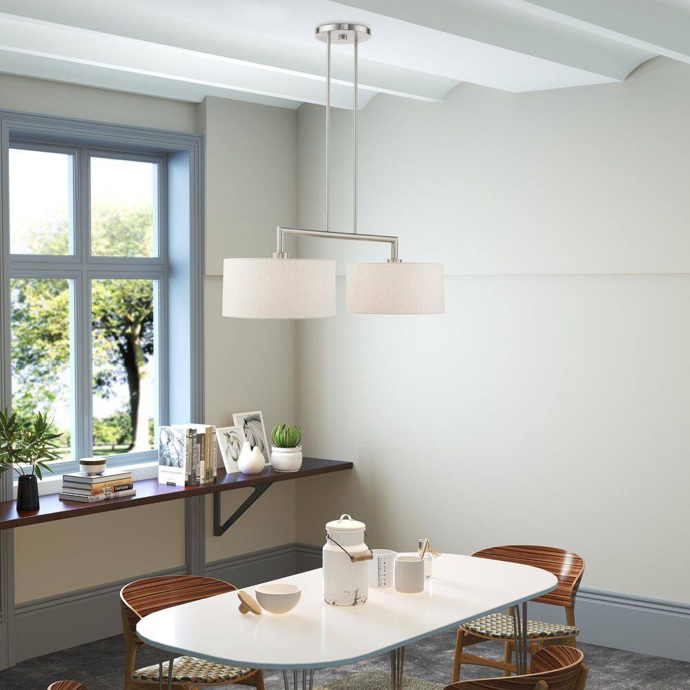 Meridian Brushed Nickel Linear Drum Chandelier with Oatmeal Shades