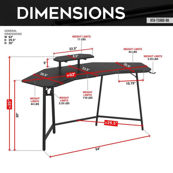 Techni Sport 63 in U-Shaped Black Carbon Fiber Like Desk with