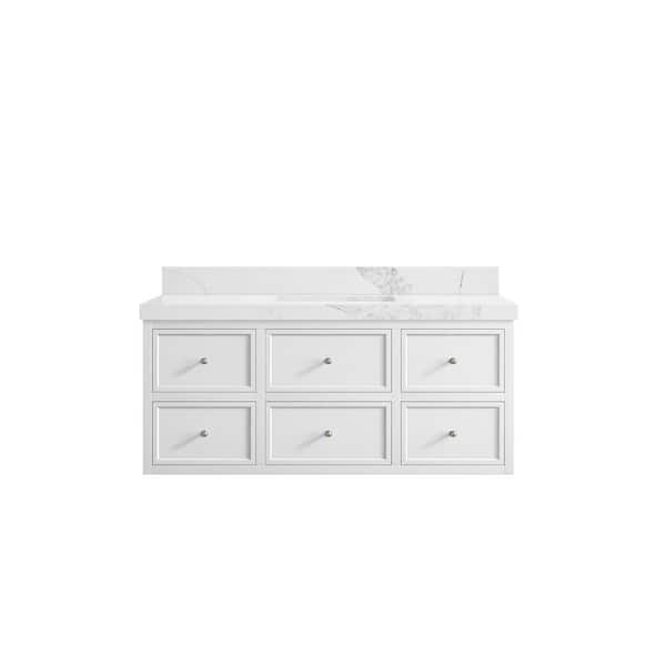 Willow Collections Roswell Floating 48 in. Single Sink Freestanding White Bath Vanity with Calacatta Nuvo Qt. Top Unassembled