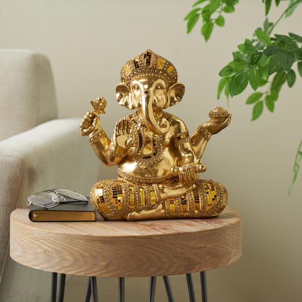 Gold 11 in. x 11 in. Resin Ganesh Sculpture with Mosaic Details