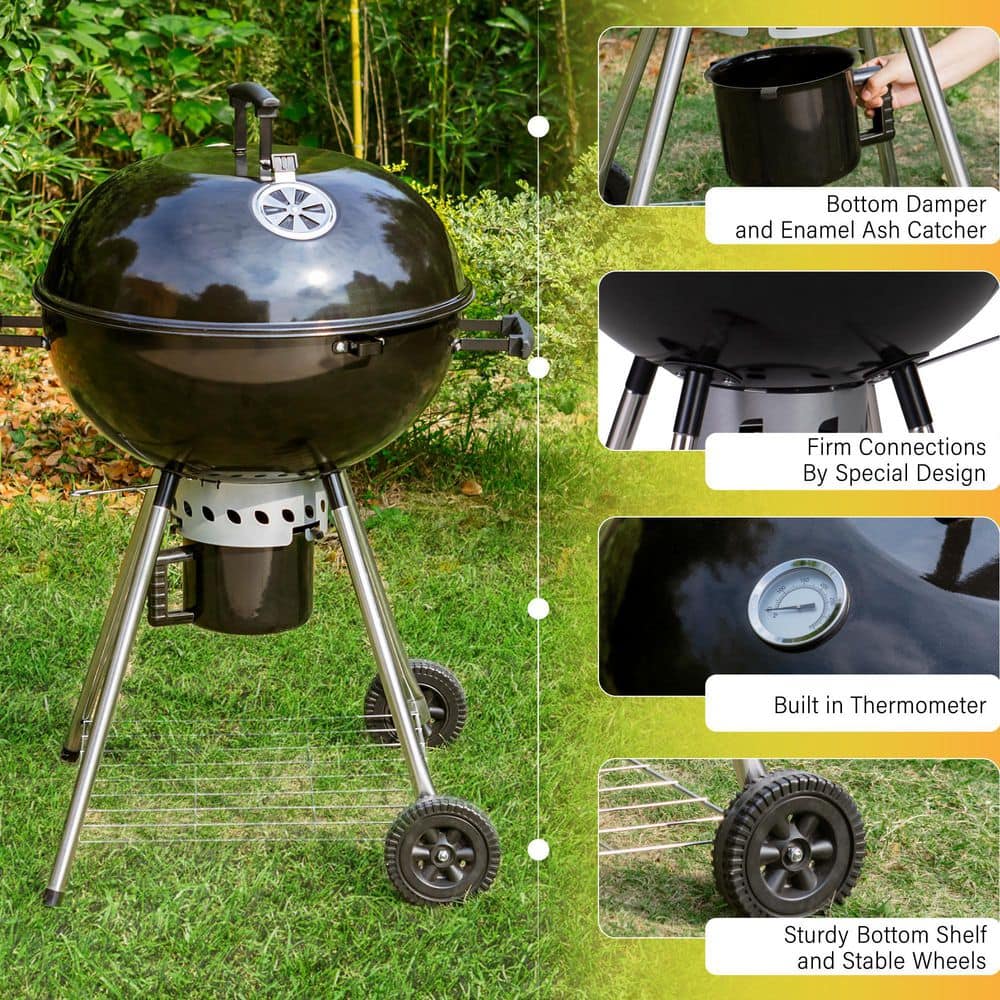22-Inch Black Porcelain-Enameled Kettle Charcoal Grill with Wheels