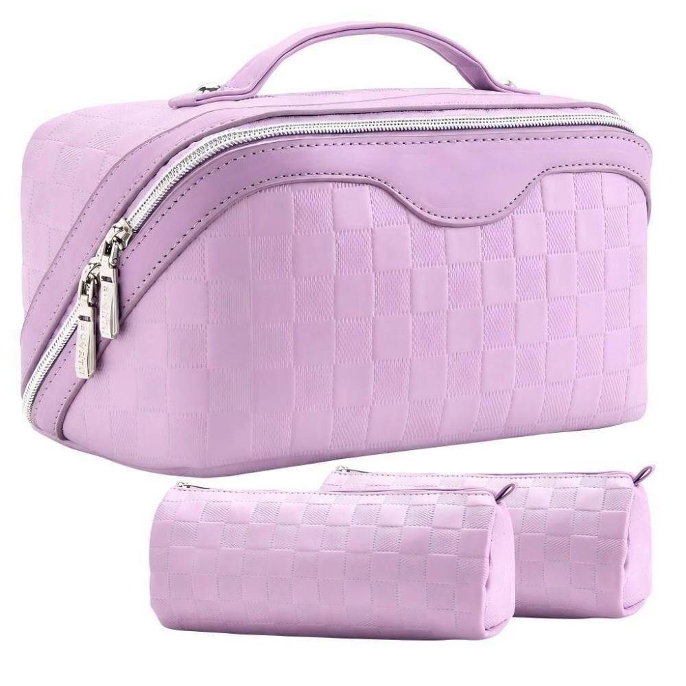 3-Piece Large Capacity Checkered Garment Bag, Waterproof Faux Leather Toiletry Organizer with Detachable Pouches, Purple