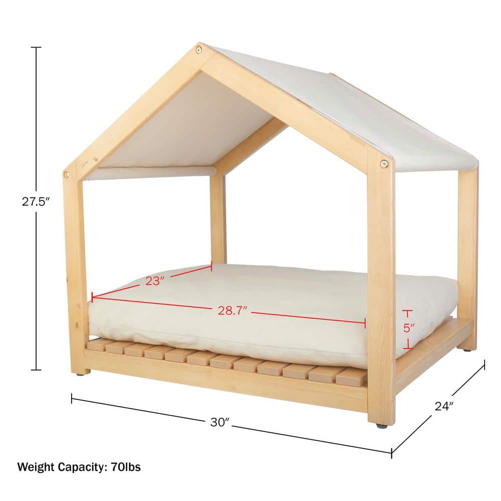 Small Natural Wood Indoor Dog House with Cushion and Canopy