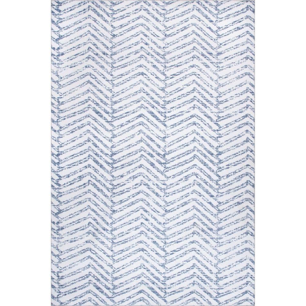 Rosanne Blue and Ivory Geometric Square Washable Synthetic Rug, 8'0" x 8'0"