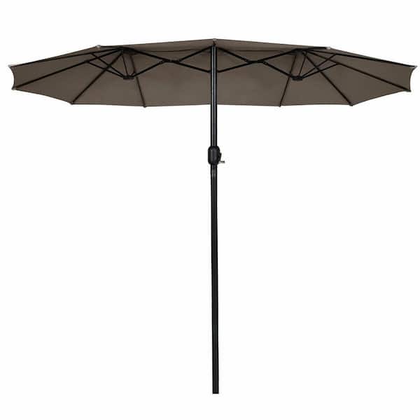 WELLFOR 15 ft. Double-Sided Twin Market Patio Umbrella in Tan with Crank