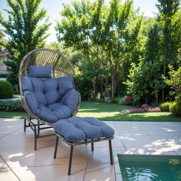 Gymojoy Corina Gray Wicker Outdoor Large Glider Egg Chair Patio Lounge Chair with Blue Cushions and Ottoman