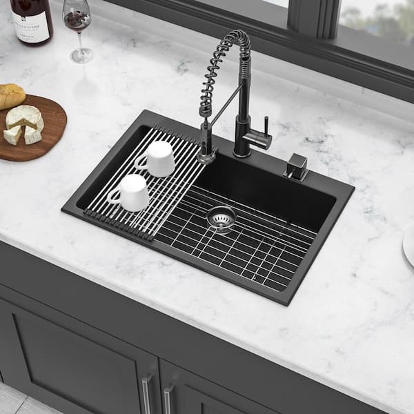 Qidian 33 in. Drop in Single Bowl Black Quartz Kitchen Sink with Bottom Grids