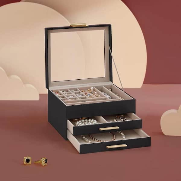 Graphite Black 9 in. x 5.3 in. Polyurethane Modern Jewelry Box with 2 Drawers