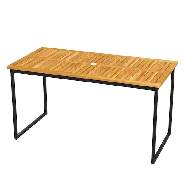 Costway Natural Rectangle Acacia Wood 29 in. Outdoor Dining Table for 6 People Patio Table with Umbrella Hole