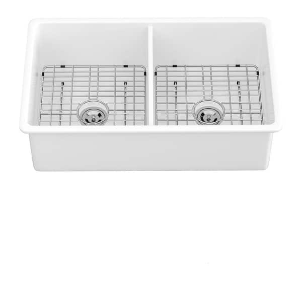 32 in. Undermount Double Bowl Ceramic Kitchen Sink-Dual Mount White Ceramic Rectangular Deep Double Bowl Sink Basin