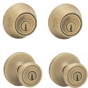Tylo Antique Brass Exterior Entry Door Knob and Single Cylinder Deadbolt Project Knob Combo Pack
