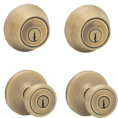 Tylo Antique Brass Exterior Entry Door Knob and Single Cylinder Deadbolt Project Pack